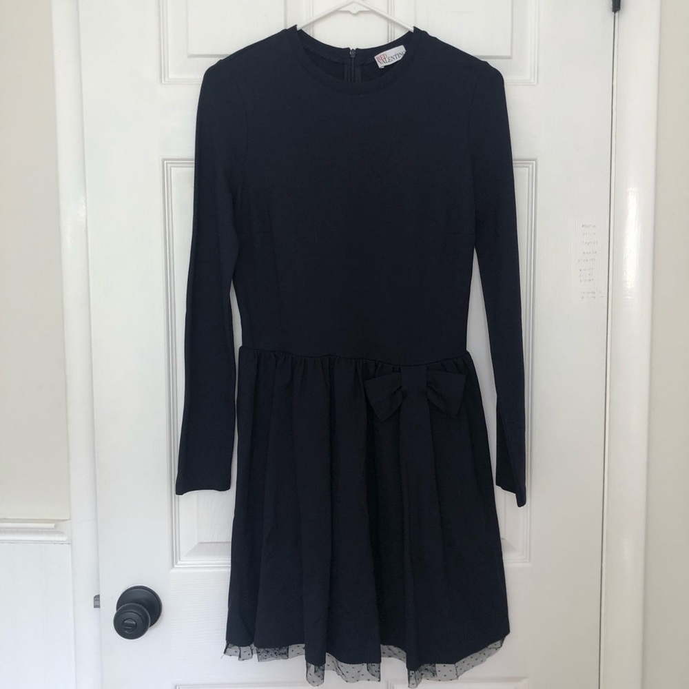 Red Valentino Navy Bow Lace Trim Long Sleeve Dress
